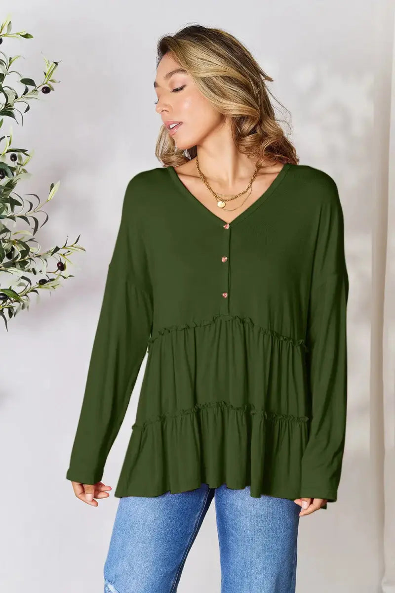 Double Take Half Button Long Sleeve Ruffle Hem Blouse - Love Salve